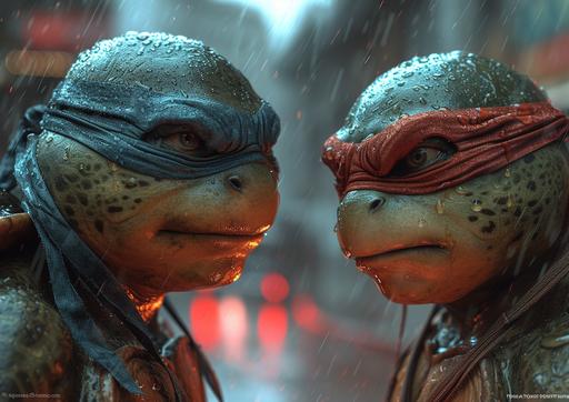 Teenage Mutant Ninja Turtle, The Shredder ,vs the amphibian hero, red light coming from a distress flare in background, in the style of fractalpunk, fujifilm x-t4, liquid metal, freakshow, cartoonish caricatures, dieselpunk, animated action scene, realistic attention to detail, devilcore, red and black, light refraction, wide angle --ar 7:5 --s 750 --v 6.0 --style raw