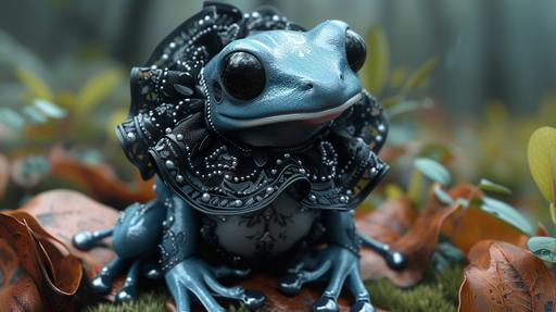 Teenage Poison Dart Frog in 3D Goth Kawaii Attire by MegUSN1: Envision a computer wallpaper showcasing a teenage Poison Dart Frog character, rendered in 3D, and dressed in Goth Kawaii style. The amphibian's naturally vibrant blue and black skin is accentuated with gothic yet adorable clothing, featuring lace, ruffles, and bold, contrasting colors. The character stands out against a moody, yet whimsically styled background, combining elements of gothic art with kawaii culture. The use of dynamic lighting and high-resolution imaging techniques highlights the striking colors and unique fashion sense of the Poison Dart Frog, making for a unique and sharp visual experience. Prompt created by MegUSN1, M A Aguilar --ar 16:9 --v 6.0 --s 250 --style raw