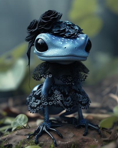 Teenage Poison Dart Frog in 3D Goth Kawaii Attire by MegUSN1: Envision a computer wallpaper showcasing a teenage Poison Dart Frog character, rendered in 3D, and dressed in Goth Kawaii style. The amphibian's naturally vibrant blue and black skin is accentuated with gothic yet adorable clothing, featuring lace, ruffles, and bold, contrasting colors. The character stands out against a moody, yet whimsically styled background, combining elements of gothic art with kawaii culture. The use of dynamic lighting and high-resolution imaging techniques highlights the striking colors and unique fashion sense of the Poison Dart Frog, making for a unique and sharp visual experience. Prompt created by MegUSN1, M A Aguilar --ar 4:5 --v 6.0 --s 250 --style raw