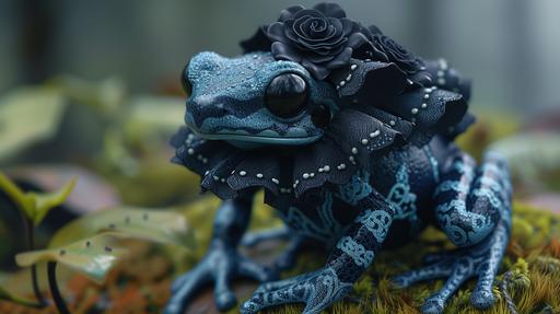 Teenage Poison Dart Frog in 3D Goth Kawaii Attire by MegUSN1: Envision a computer wallpaper showcasing a teenage Poison Dart Frog character, rendered in 3D, and dressed in Goth Kawaii style. The amphibian's naturally vibrant blue and black skin is accentuated with gothic yet adorable clothing, featuring lace, ruffles, and bold, contrasting colors. The character stands out against a moody, yet whimsically styled background, combining elements of gothic art with kawaii culture. The use of dynamic lighting and high-resolution imaging techniques highlights the striking colors and unique fashion sense of the Poison Dart Frog, making for a unique and sharp visual experience. Prompt created by MegUSN1, M A Aguilar --ar 16:9 --v 6.0 --s 250 --style raw
