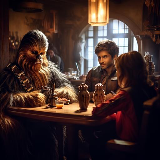 Teenage Star Wars characters, teen Han Solo with buddy Chewbacca invites twin teens Luke and Leia to go to the cantina, where they stare at the visitors in surprise, sitting at a table by the window, Unreal Engine, cinematography, editorial photography, megapixel photography , Pro Photo RGB, VR, Single Frame, Good, Ambient Light, Half Light, Backlight, Natural light, Incandescent Light, Optical Fiber, Dark Light, Cinematic Light, Studio Light, Soft Light, Ambient Light, Contrast Light, Beautiful Light, Spotlight, Ambient Light, Screen Tracking Volume, General Illumination, Optics, Global Light Tracing, Ray Tracing, Optics, Ray Tracing, Glow, Shadows, Raw, Glow, Ray Tracing, Slit Reflections, Spatial Separation, Diffraction Grading, Chromatic Aberration, Shift GB ent, scan lines, ray tracing, ray tracing, ambient light, shading, anti-aliasing, FKAA, TXAA, RTX, SSAO, Shaders, OpenGL shaders, GLSL shaders, postprocessing, postprocessing. Cell Shading, Tone Mapping, CGI, Visual Effects, Incredibly Detailed and Complex Photos, Graphics, Visual Effects, Sound Effects, Incredibly Detailed and Complex, Hyper Max, Elegant, Hyper Realistic, Super Detailed, Dynamic Pose, Hyper Realistic, 3D, Photorealistic , ultra-realistic, super-detailed, complex, 8K, super-detailed, background shading, volumetric lighting, high contrast, HDR, --q 2 --v 5.1 --s 250