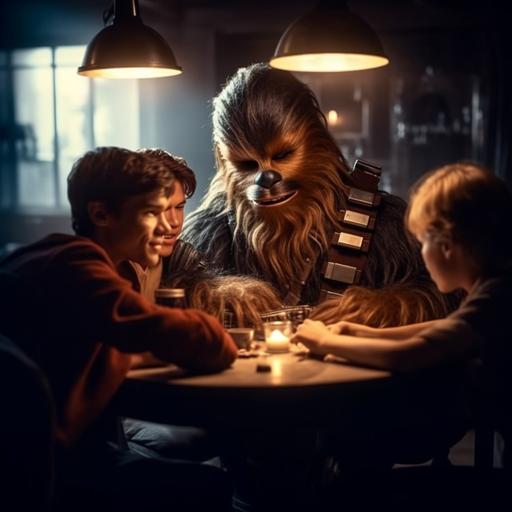 Teenage Star Wars characters, teen Han Solo with buddy Chewbacca invites twin teens Luke and Leia to go to the cantina, where they stare at the visitors in surprise, sitting at a table by the window, Unreal Engine, cinematography, editorial photography, megapixel photography , Pro Photo RGB, VR, Single Frame, Good, Ambient Light, Half Light, Backlight, Natural light, Incandescent Light, Optical Fiber, Dark Light, Cinematic Light, Studio Light, Soft Light, Ambient Light, Contrast Light, Beautiful Light, Spotlight, Ambient Light, Screen Tracking Volume, General Illumination, Optics, Global Light Tracing, Ray Tracing, Optics, Ray Tracing, Glow, Shadows, Raw, Glow, Ray Tracing, Slit Reflections, Spatial Separation, Diffraction Grading, Chromatic Aberration, Shift GB ent, scan lines, ray tracing, ray tracing, ambient light, shading, anti-aliasing, FKAA, TXAA, RTX, SSAO, Shaders, OpenGL shaders, GLSL shaders, postprocessing, postprocessing. Cell Shading, Tone Mapping, CGI, Visual Effects, Incredibly Detailed and Complex Photos, Graphics, Visual Effects, Sound Effects, Incredibly Detailed and Complex, Hyper Max, Elegant, Hyper Realistic, Super Detailed, Dynamic Pose, Hyper Realistic, 3D, Photorealistic , ultra-realistic, super-detailed, complex, 8K, super-detailed, background shading, volumetric lighting, high contrast, HDR, --q 2 --v 5.1 --s 250