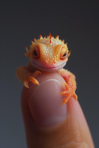 Teeny-tiny micro-smallest loong dragon resting on the edge of a female fingertip, displaying the largest smiling lovable nature of the micro-tiny animal. Art by mierAI --ar 2:3 --stylize 222 --v 6.0