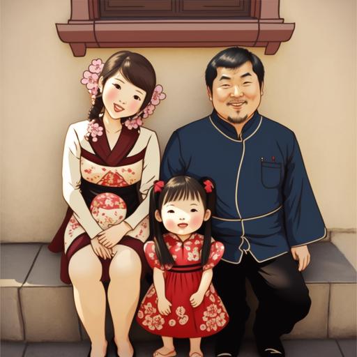 happy family, smiling, chinese new year festive dress, anime
