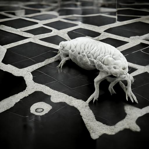 Bio organic creature lyinng on tiled black and white kitchen floor, hyper-real, realistic 8k, octane render