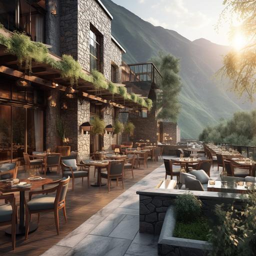 Terrace in the mountains, beautiful architecture near the hotel, restaurant, massive central bar with seating chairs, 15 tables with umbrellas next to the bar, dark shades, light textures, light luxury design, 4k, sunste