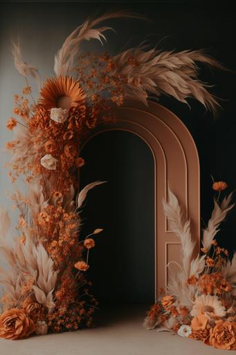 Terracotta Burnt Orange Wedding Archway Flower with Pampas Grass, Wedding Floral Arch, Wedding Swag Flower, Floral Swag Arch, Silk Flowers Arch, Wedding Arch, empty white wall room, detailed, HD, --v 4 --ar 2:3