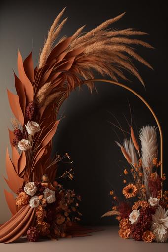 Terracotta Burnt Orange Wedding Archway Flower with Pampas Grass, Wedding Floral Arch, Wedding Swag Flower, Floral Swag Arch, Silk Flowers Arch, Wedding Arch, empty white wall room, detailed, high resolution, curtain, candle, HD, --v 4 --ar 2:3
