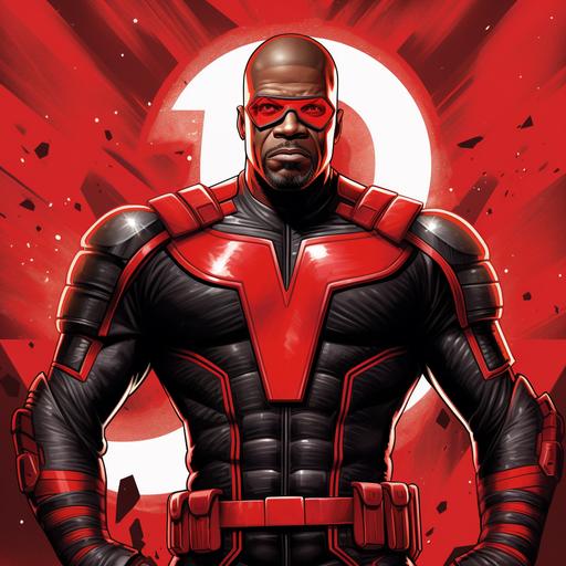 Terry Crews as a middle aged african american superhero in the style of old school comic books, wearing a black superhero suit with a big red m logo on the chest and red lines connecting the logo to the rest of the body, with red boots, gloves and a red domino eye mask