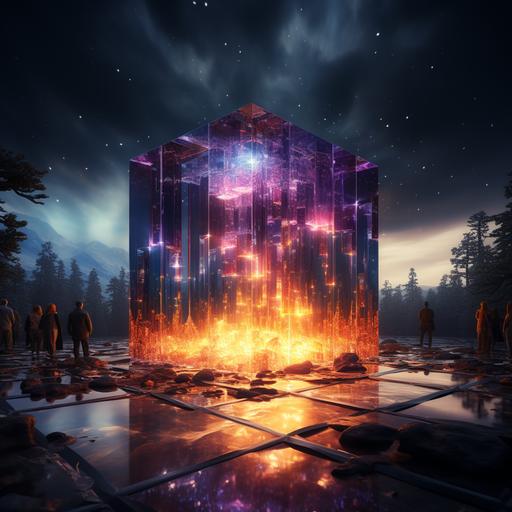 Tesseract with a view of a cosmic galactic cube. Cinematic frame close-up of a cube in outer space with galaxies inside, rich colors cgsociety, desktopography, lit. 