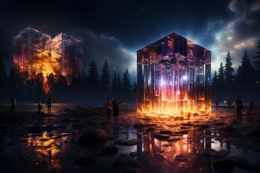 Tesseract with a view of a cosmic galactic cube. Cinematic frame close-up of a cube in outer space with galaxies inside, rich colors cgsociety, desktopography, lit. 