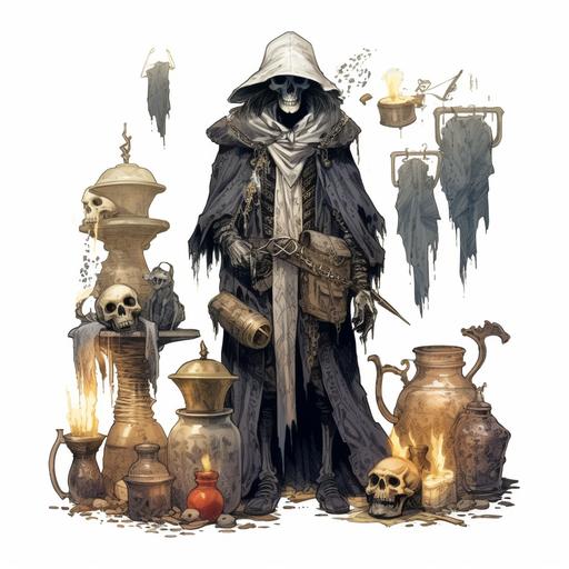 concept art, character, white background. High detail, Undead class hero with dark magic and aura around, Victorian era with accessories, dressed in a ragged robe, gold and gray, steampunk-style character, bones, skulls, potion bottles on clothes, character design, more details, 4k --s 750