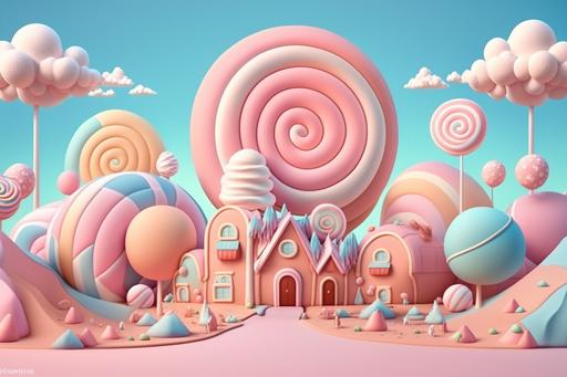 sweet candy land, a city of sweets with small houses and an lunapark in the middle, in cute pastel pink and blue colors, sweets and cupcakes are everywhere, pink sky and soap bubbles in it, with rainbow fields, pink and white candies stick out everywhere, in the style by tykcartoon --ar 3:2