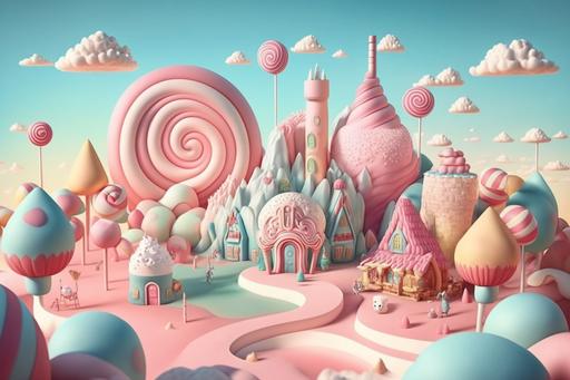 sweet candy land, a city of sweets with small houses and an lunapark in the middle, in cute pastel pink and blue colors, sweets and cupcakes are everywhere, pink sky and soap bubbles in it, with rainbow fields, pink and white candies stick out everywhere, in the style by tykcartoon --ar 3:2