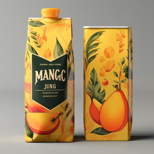 Tetrapack for 1 Litre Mango Juice, Juicy and deep design label with plain background and mango pulp images
