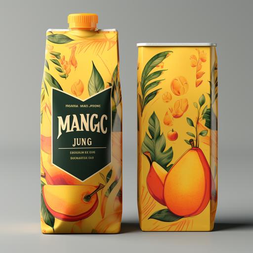 Tetrapack for 1 Litre Mango Juice, Juicy and deep design label with plain background and mango pulp images