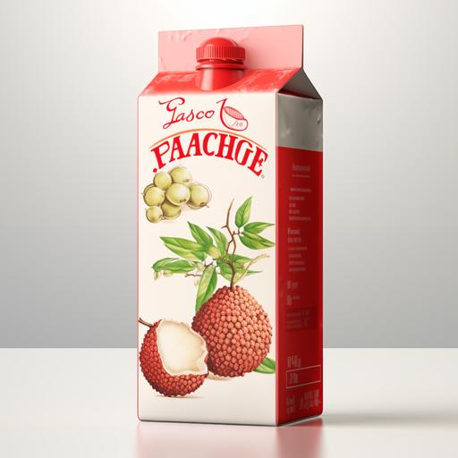 Tetrapack for 1 Litre lychee Juice having 3D & Premium cartoon graphic design with plain background & lychee image