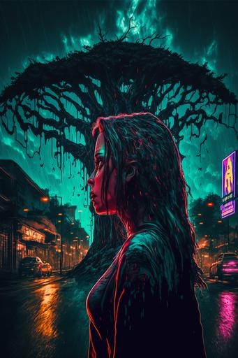 Texas Chainsaw Woman is followed, scared, neon lights in dark background, tears sad fearfull, empty hotel parking lot, at night in the rain female demons and twisted trees in the stormy background --aspect 2:3 --q 2 --v 4