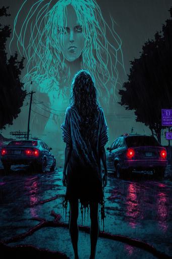 Texas Chainsaw Woman is followed, scared, neon lights in dark background, tears sad fearfull, empty hotel parking lot, at night in the rain female demons and twisted trees in the stormy background --aspect 2:3 --q 2 --v 4