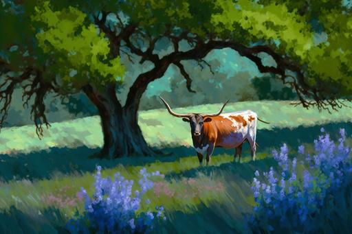 Texas Longhorn, hill country meadow, blue bonnets, live oak trees, impressionistic style painting, 4k --v 4 --ar 3:2