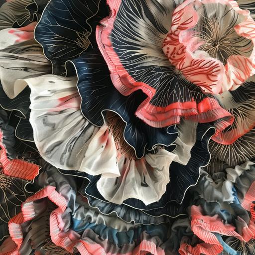 Textile ruffles in heavy fabric, drawing inspiration from the anemones and sea slugs. Draw inspiration from Malin Bobeck Tadaas work.
