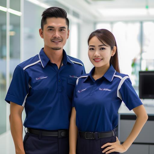 Thai male and female employee uniforms Singapore wears employee uniforms Blue, white long-sleeved mechanic's shirt, determined look, blue employee card strap, engineering hat.