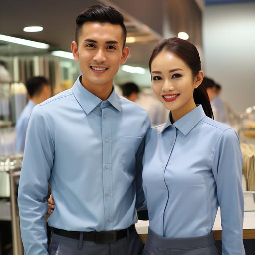 Thai male and female employees Singapore Wearing a light blue long-sleeved shop shirt.