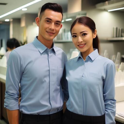 Thai male and female employees Singapore Wearing a light blue long-sleeved shop shirt.