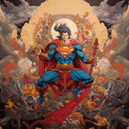 Thangka - Superman from DC Comics as a Bodhisattva with mk2 granade vajra, traditional Tibetan style