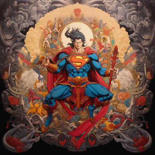 Thangka - Superman from DC Comics as a Bodhisattva with mk2 granade vajra, traditional Tibetan style