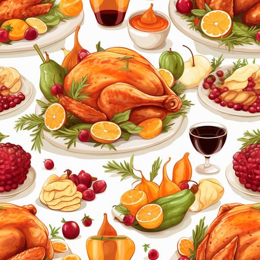 Thanksgiving whole cooked turkey on a plate on a table, with other foods, seamless pattern, --tile --ar 1:1