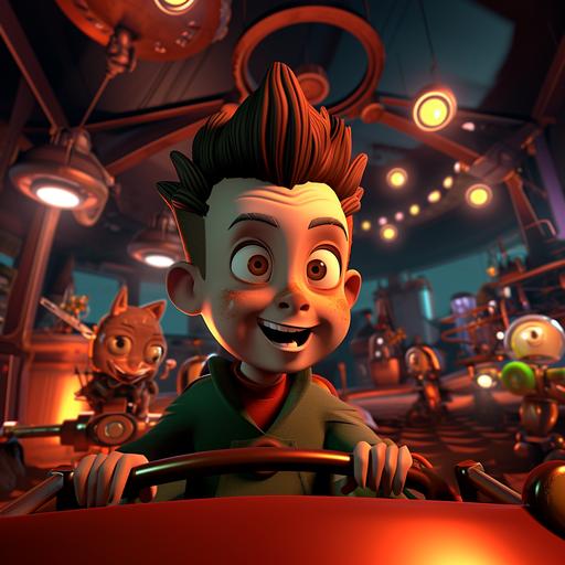The Adventures of Jimmy Neutron Boy Genius animated show, Retroland Bat-Outta-Heck ride, Nickelodeon, 3d animation, ray tracing, subsurface scattering --style raw --v 6.0