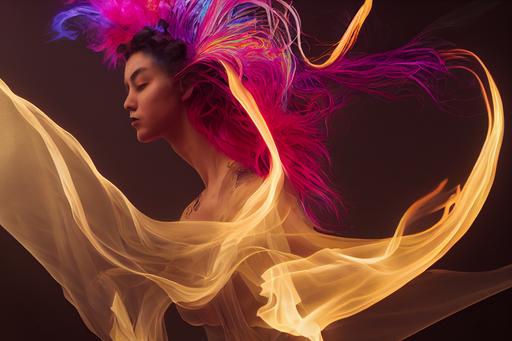 echoes of a fire dancer, long exposure photography, punk woman, dredlocks, photorealism 8k, one million frames per second fast shutter speed photography, finely detailed, Intricate Maximalism, Unreal Engine 5   Infini-D-Render, volumetric haze, god rays, ray tracing, subsurface scattering, city street, blade runner 2049, wet street, asian market, bazaar, reflections, street performance --test --ar 16:9 --upbeta --upbeta --upbeta