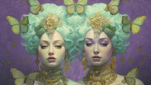 The Gemini Twins faces are beaming, Queens, yellow gold, light green, lavender butterflies, in the style of [aykut aydogdu](https://goo.gl/search?artist%20aykut%20aydogdu), surreal, ornate, late spring --ar 91:51