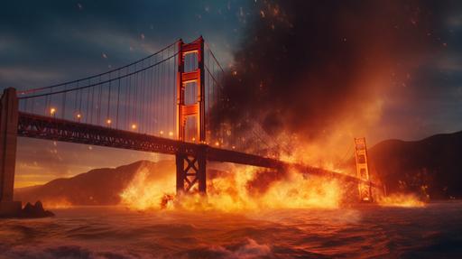 The Golden Gate Bridge is on fire and may collapse due to an earthquake in the tectonic plate near San Francisco. The photo is taken with a professional DSLR camera, with settings optimized for details and vibrant colors. 4K --ar 16:9 --q 2