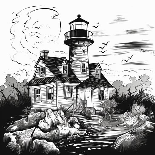 The Haunted Lighthouse Mystery, cartoon, white and black --v 5