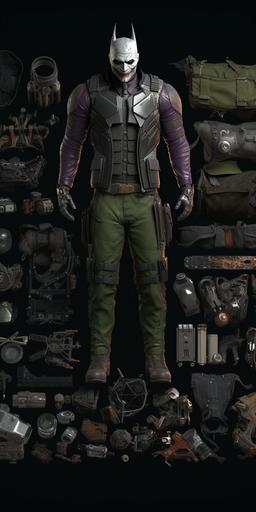 The Joker suit, costumes and mechanical parts, knolling, knolling layout, deconstruction, highly detailed, depth, many parts, lumen render, 8k,HD, --ar 3:6 --s 750 --v 5 --q 2 --s 50 --s 50 --s 50