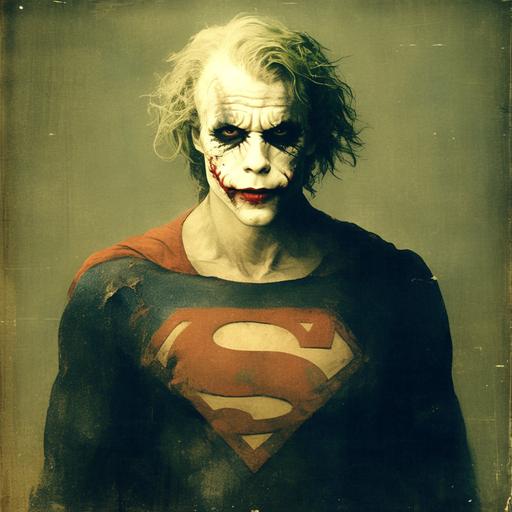 The Joker wearing a Superman costume, Hello Arkham Asylum, synthwave ambrotype --niji 6 --s 750 --style raw