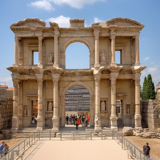 The North Gate of the South Agora is considered one of the most important and famous landmarks of Roman architecture. It is a huge entrance building that follows the shape of the luxurious vertical facades decorated with statues and architectural decorative elements. It was built in the time of Hadrian (117-138 AD) and was composed of two floors in the shape of the letter U, with dimensions of 14.71 x 29 metres. Three domed openings were formed on the first floor, while the second floor was decorated with niches with columns with Corinthian capitals and included statues of the emperors. The columns of the second floor were Corinthian and smaller in size, while the upper floor was decorated with relief decorations, wreaths and skulls. The sides of the pylon are crowned with triangular arches, while the two perpendicular porticoes on either side of the central niche bear semi-arches.