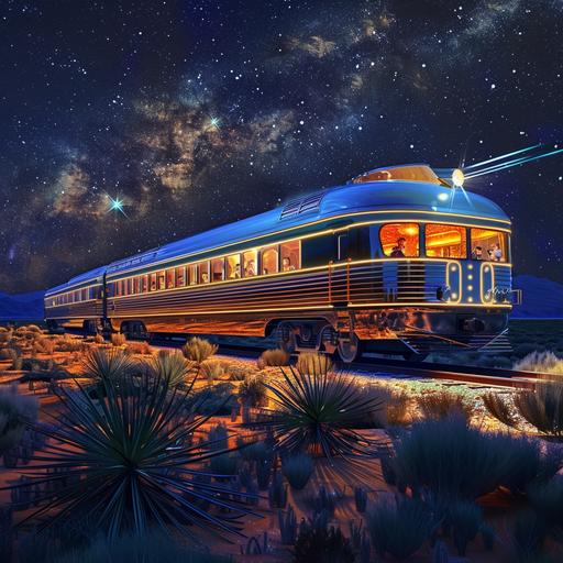 The Pioneer Zephyr train, art deco, long train, party inside, travelling across the desert fast, starry night, phosphorescent architecture