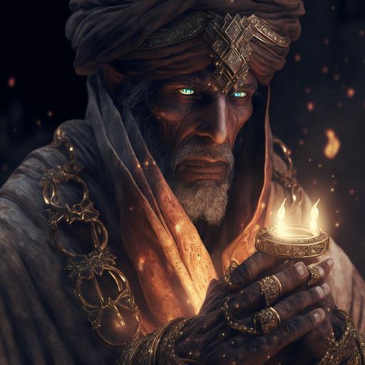 The Prophet Solomon wearing the ring that rules the jinn and the devil in the desert at night, cinematic lightning, epic fantasy, hyper realistic, detail 8k photorealistic, hyper detailed photorealistic, Unreal Engine, ray tracing, cinematic lighting, 8k post-processing cinematic lighting 12k, high detailed, high resolution --v 4