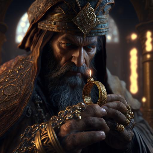 The Prophet Solomon wearing the ring that rules the jinn and Satan in an underground city, cinematic lightning, epic fantasy, hyper realistic, detail 8k, photorealistic, hyper detailed, photorealistic, Unreal Engine, ray tracing, cinematic lighting, 8k post-processing cinematic lighting 8k, high detailed, high resolution, --v 4