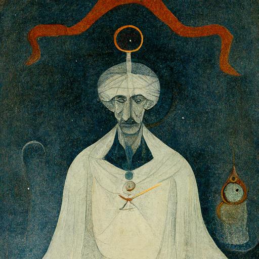 The Prophet of a Deity of Time walking towards the viewer, holding a pendulum and a jug of water, religious drawing.