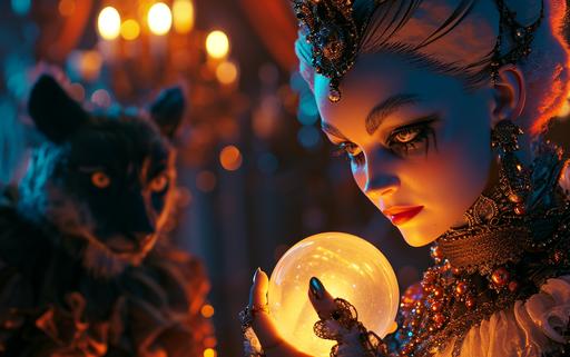 The Queen of Love and the Animals of Death, portrayed in a graphic art style, meet in a sartorially magnificent setting. In an ultra-wide close-up, they exchange a meaningful look. The Queen approaches, placing a crystal ball in your hands, urging caution with a gaze into the future. Professional color grading enhances the richness of their attire, while clean sharp focus and beautiful detailed bokeh add depth to the scene --ar 8:5 --style raw --v 6.0