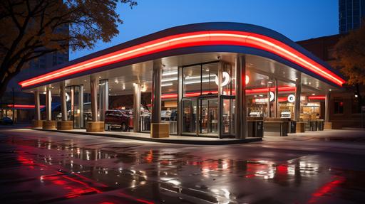 The QuikTrip looms over the gas pumps, a boxy structure of brick and glass under the bright canopy lighting. Describe the red, white and blue logo sign prominently displayed over the entrance, welcoming customers to fuel up their vehicles and stock up on snacks and drinks. Capture the rows of gas pumps, at least six or eight of them, with a few occupied by customers filling their tanks and squeegeeing their windshields. Show a few cars parked to the side, some still running as their drivers head inside the store. Frame the glowing QuikTrip sign, red letters over a field of blue, reflected in the glass facade of the building and in the few puddles that remain on the pavement from a recent rain. Describe the two sets of glass double doors, propped open with advertising placards as customers come and go against a backdrop of neatly stocked shelves of colorful merchandise visible within. Convey a sense of the perpetual activity and noise - the dull roar of traffic from the nearby freeway, the occasional ringing of the bell as the doors slide open and closed, the muffled sounds of the store radio playing light rock through hidden speakers. Capture the familiar details of an ordinary refueling stop through the lens of visual poetry, finding meaning and moments of beauty in this snapshot of culture and capitalism at work. Frame this QuikTrip, so common yet cloaked in the quiet details of a summer night, as a symbol of the perpetual American road trip and the temporary adventures had in between destinations. 32k, ultra detailed, ultra realistic, octane render --ar 16:9 --s 750 --q 2