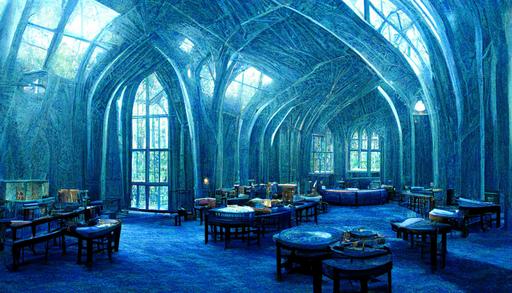The Ravenclaw Common Room is a large circular room with elegant arched windows on the walls, hung with blue and bronze silks, from which Ravenclaw students can see the beautiful scenery outside, For example, overlooking the school grounds: Great Lakes, Forbidden Forest, Quidditch pitches and greenhouses. The ceiling is a dome, decorated with stars, and the dark blue carpet below is also decorated with stars, 8k --ar 16:9