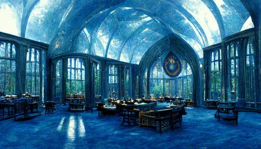 The Ravenclaw Common Room is a large circular room with elegant arched windows on the walls, hung with blue and bronze silks, from which Ravenclaw students can see the beautiful scenery outside, For example, overlooking the school grounds: Great Lakes, Forbidden Forest, Quidditch pitches and greenhouses. The ceiling is a dome, decorated with stars, and the dark blue carpet below is also decorated with stars, 8k --ar 16:9