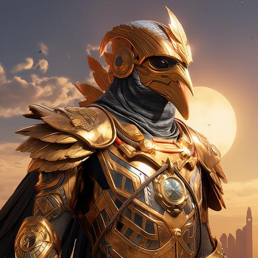 The Solar Falcon: Wears a golden suit of armor styled after ancient Egyptian falcon god, Ra. A bird-shaped helmet with glowing eyes and a sun disk crowns the ensemble.