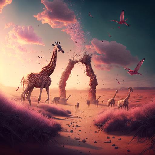 The Valley of Abandoned Hopes. The children run. Giraffes fly on wings. The sky is pink. Magic realism. Soft light. Ultrarealistic