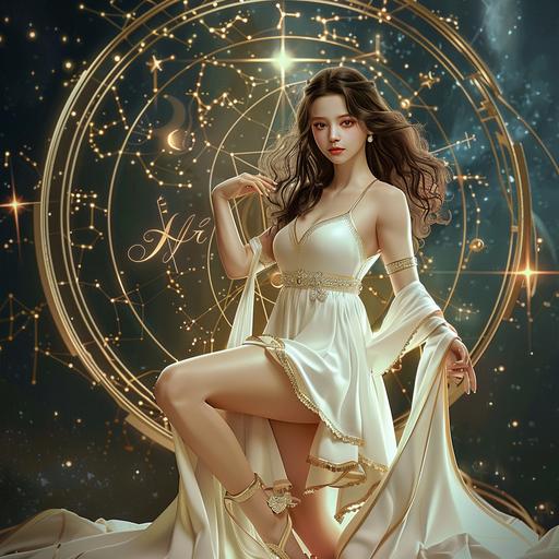 The Virgo of 12 Constellations, the design is like the Ahri of League of Legends, a beautiful girl in her 20s who looks like Monica Anna Maria Bellucci 20 years old, she wears white dress with gold edge,the golden star patten of virgo is the background, full body image, frontal view, long view, hpyer realistic, highly detailed, upbeta